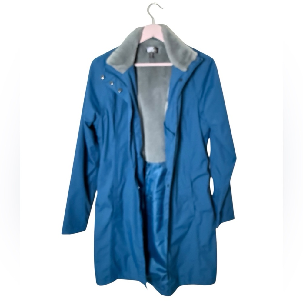 Orb Brand nylon rain‎ jacket snap zip utility faux fur lining blue gray